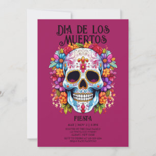 Invitation Crânes Fleurs Magenta Dia de los Muertos
