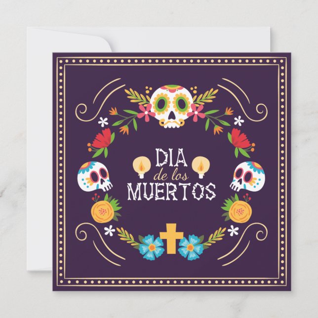 Invitation Crânes florales colorées Dia de Muertos | Invitati (Devant)
