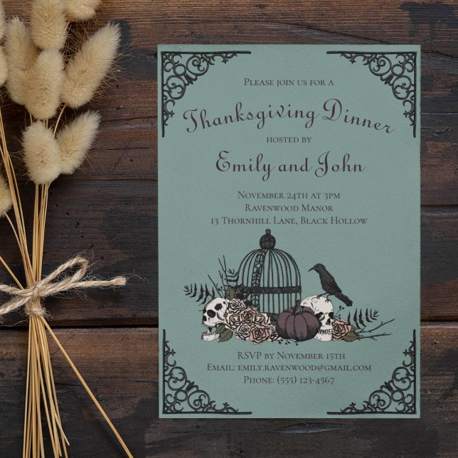 Invitation Crânes gothiques, Citrouilles et feuilles d'automn (Elegant Gothic Dinner Invitation in Teal. Skull, Roses, Leaves, Black Raven, Birdcage, Iron Corners)