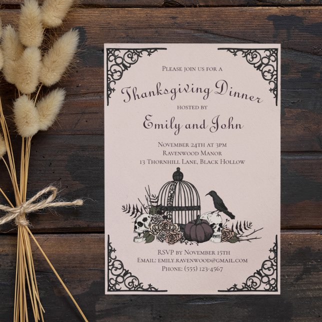 Invitation Crânes gothiques, Citrouilles et feuilles d'automn (Elegant Gothic Dinner Invitation in a Soft Blush Pink. Skull, Roses, Leaves, Black Raven, Birdcage)