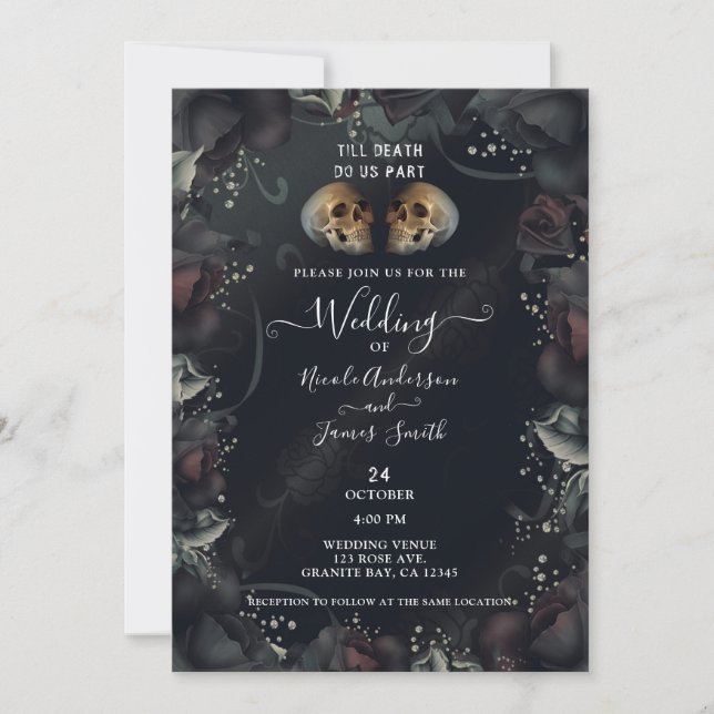 Invitation Crânes gothiques et roses noires Mariage d'Hallowe (Devant)