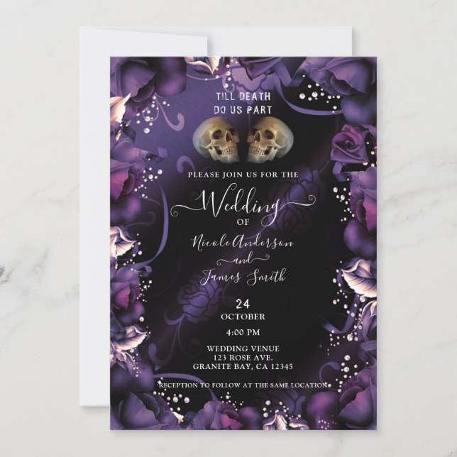 Invitation Crânes gothiques et roses violettes Mariage d'Hall (Devant)