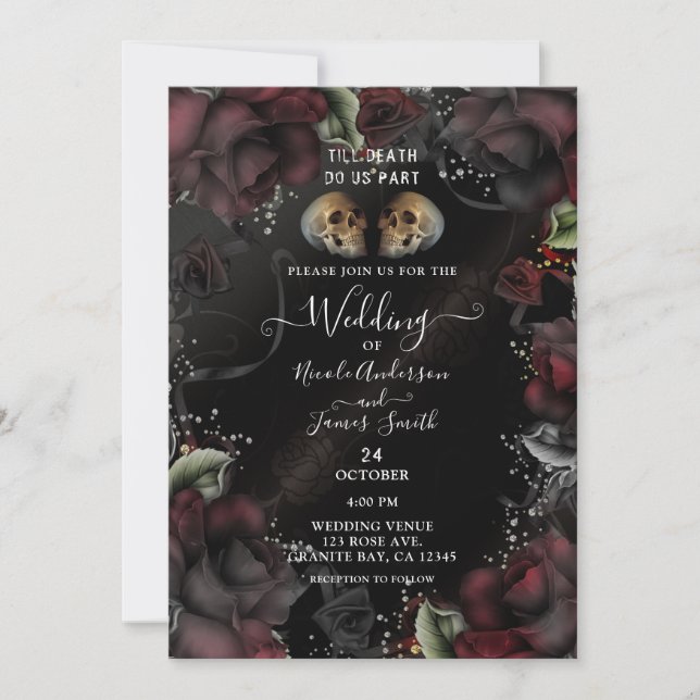 Invitation Crânes gothiques Roses noires rouges Mariage d'Hal (Devant)