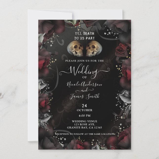 Invitation Crânes gothiques Roses noires rouges Mariage d'Hal (Devant)