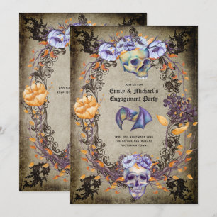 Invitation Crânes gothiques vintages Fleurs orange violet Got