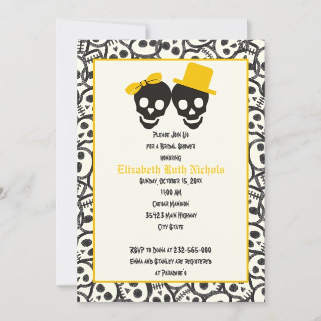Invitation Crânes Halloween jaune mariage douche nuptiale (Devant)