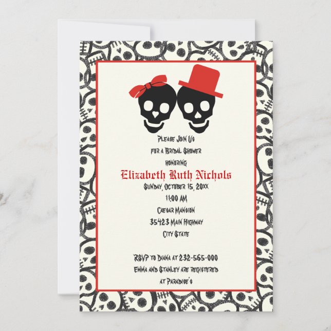 Invitation Crânes Halloween mariage noir rouge douche nuptial (Devant)