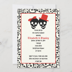 Invitation Crânes Halloween rouge noir mariage douche couple