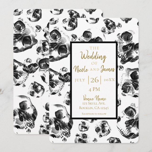 Invitation Crânes Noir & Blanc Squelette Crâne Mariage (Devant / Derrière)