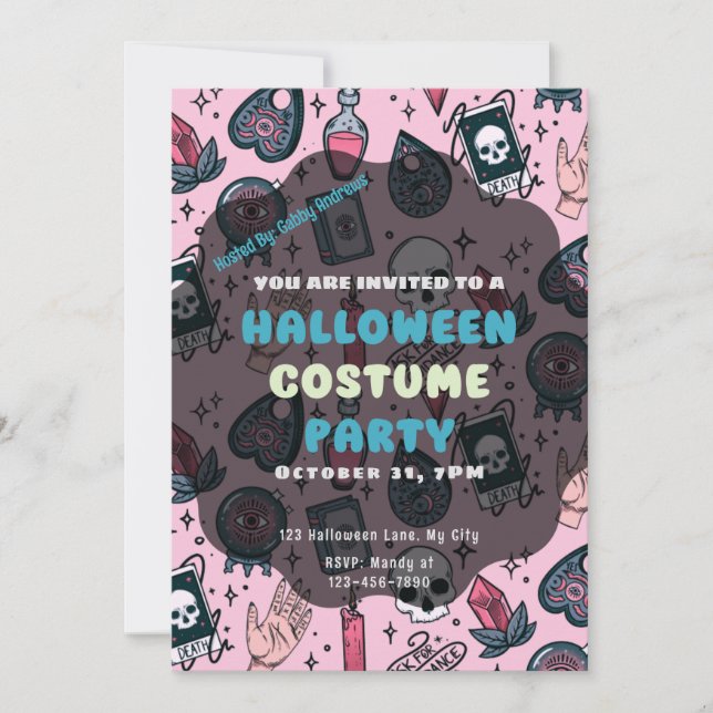 Invitation Crânes roses Bougies de Tarot Cristaux Halloween (Devant)