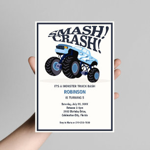 Invitation Crash de Smash Moderne Monster Bleu Camion Anniver