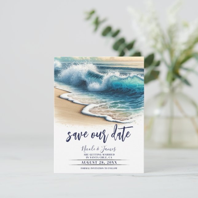 Invitation Crashing Ocean Waves Coastal Save the Date Photo (Debout devant)
