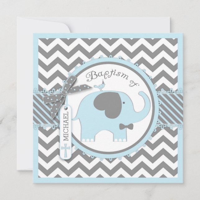 Invitation Cravate Bleu Elephant Bow Chevron Imprimer Baptême (Devant)