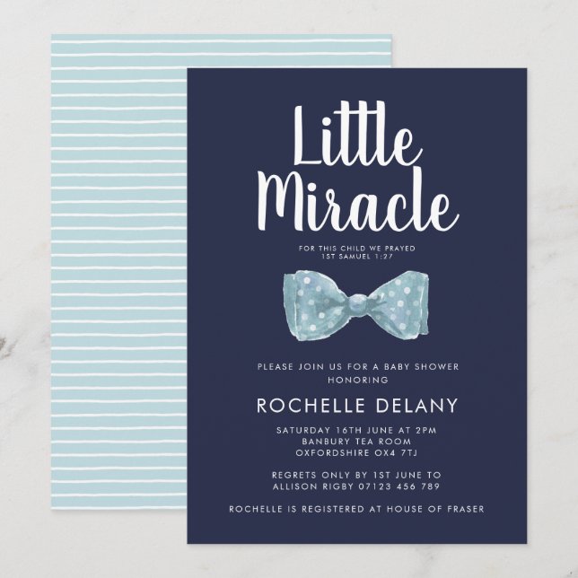 Invitation Cravate Bow Baby shower Blue Little Miracle (Devant / Derrière)