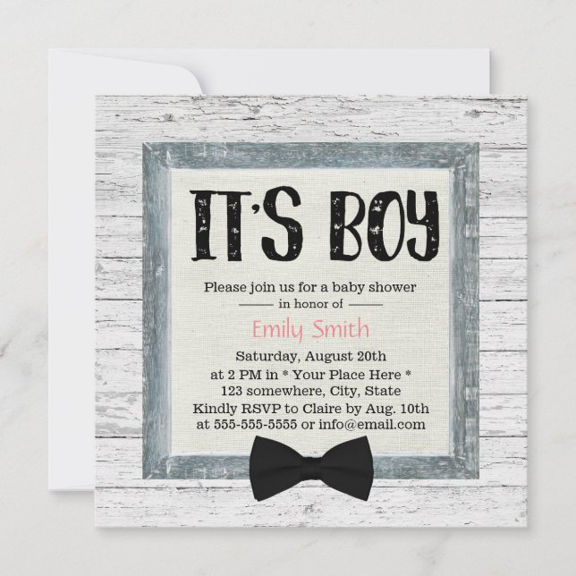 Invitation Cravate Cute Boy Bow Baby shower en bois rustique (Devant)