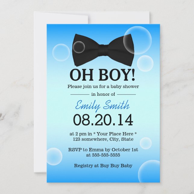 Invitation Cravate de bulles et Bow Baby shower garçon (Devant)
