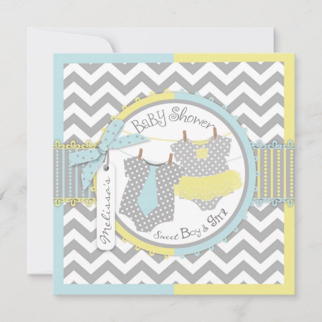 Invitation Cravate jumeaux Tutu Chevron Baby shower (Devant)