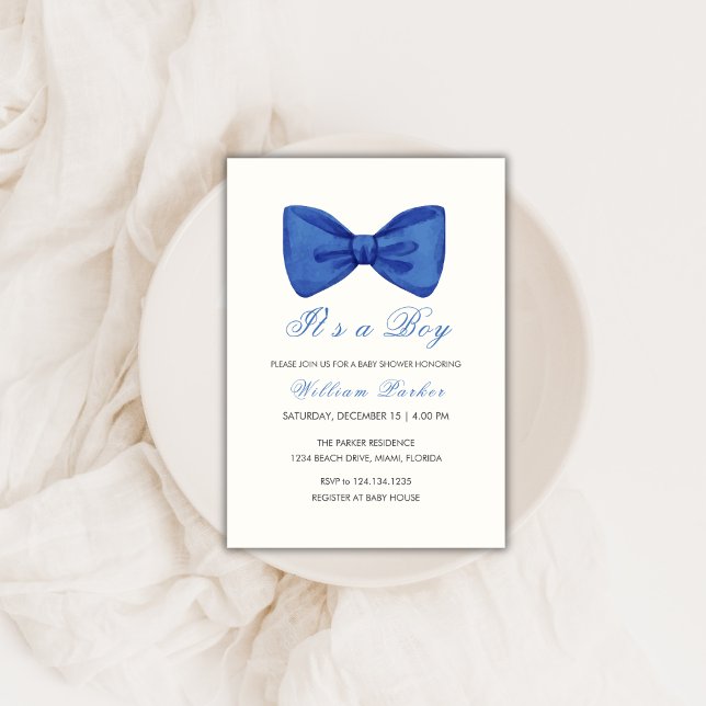Invitation Cravate minimaliste bleu Baby shower garçon (Blue Minimalist Bow Tie Boy Baby Shower Invitation)
