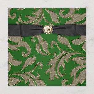Invitation Cravate noire Black Gold Green Damask Party Invita