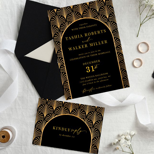 Invitation Cravate noire officielle Gold Art Déco Black Maria (Black and Gold Formal Black Tie Wedding Invitation)