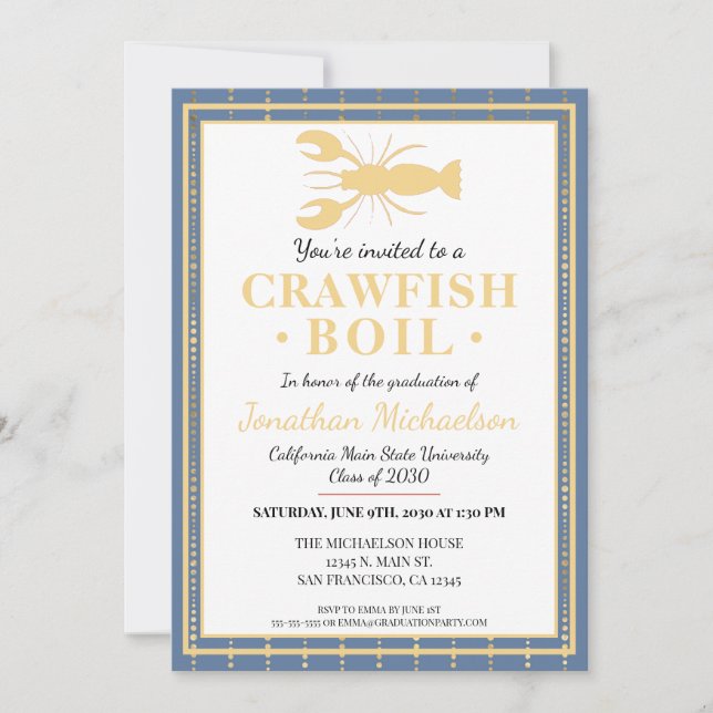 Invitation Crawfish Boil College University Graduation Party (Devant)