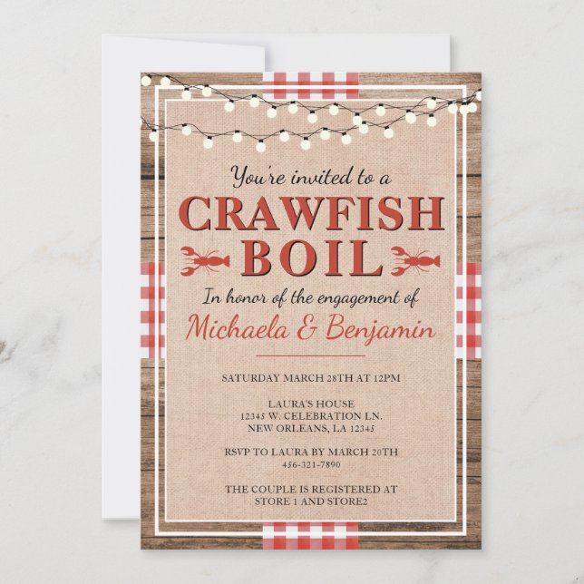 Invitation Crawfish Boil Homard Engagement Partie Rustique (Devant)