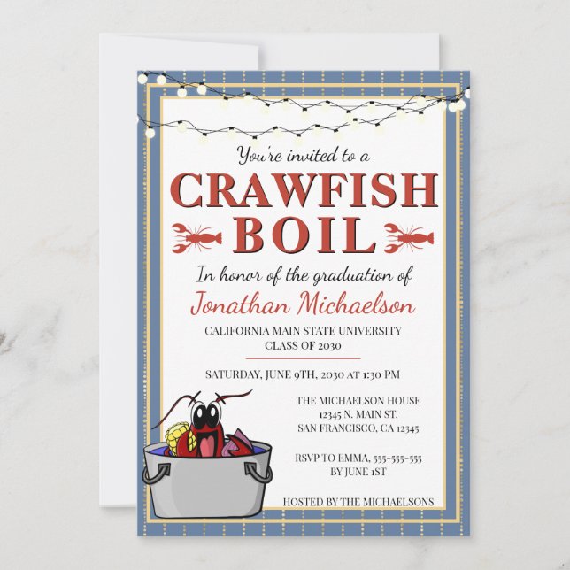 Invitation Crawfish Boil University College Graduation Party (Devant)