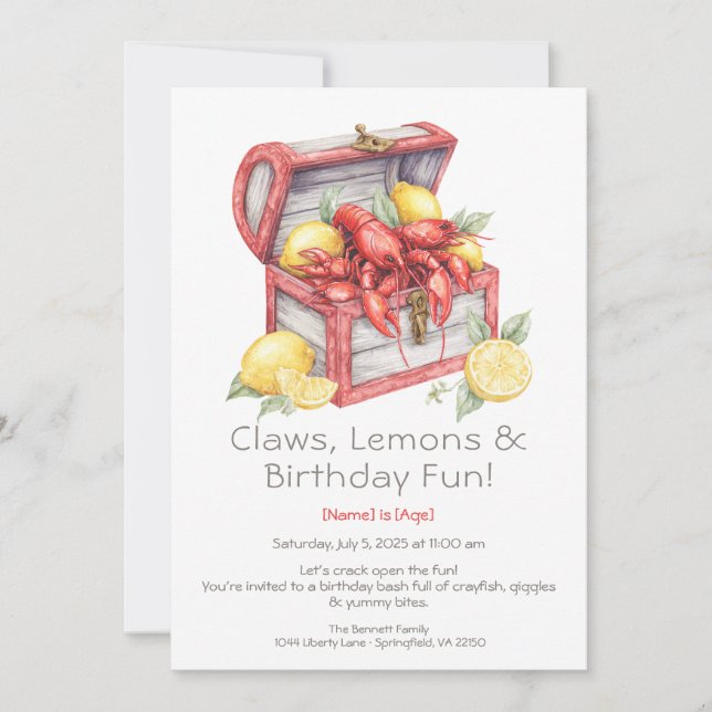 Invitation Crayfish & Lemon Treasure Chest Birthday  (Devant)