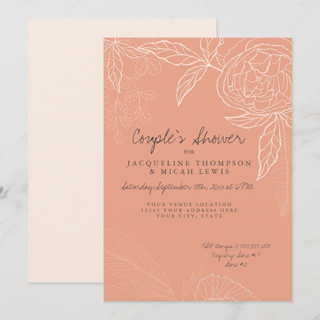Invitation Crayon de douche Couples Coral rose Floral Peony L (Devant / Derrière)