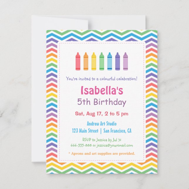 Invitation Crayons Chevron Arc-en-Ciel Fête d'Anniversaire En (Devant)