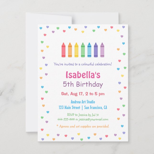 Invitation Crayons de coeurs arc-en-ciel Fête d'anniversaire  (Devant)