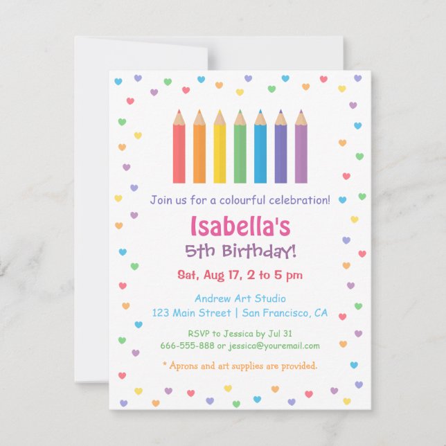 Invitation Crayons de Couleur Coeurs Arc-en-Ciel Arts Anniver (Devant)