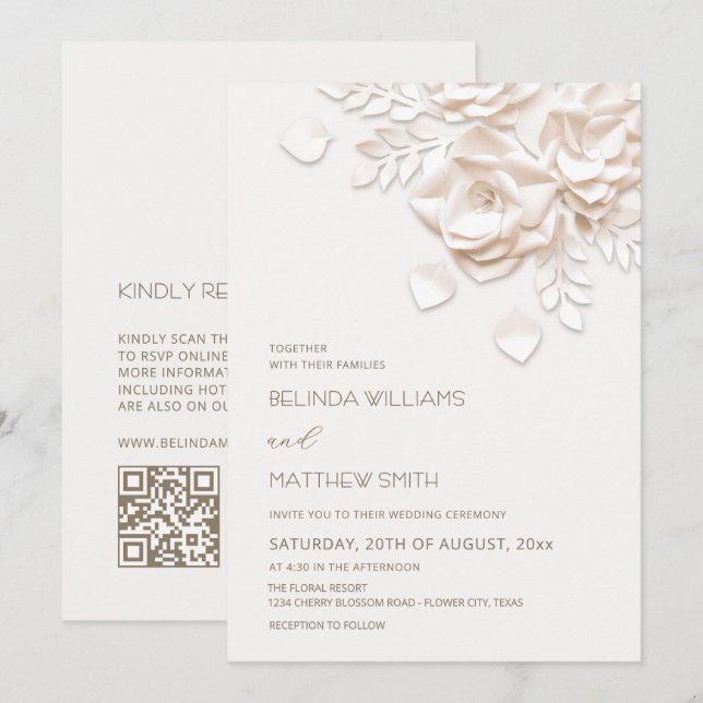 Invitation Cream 3D Flowers Roses Simple Wedding (Devant / Derrière)