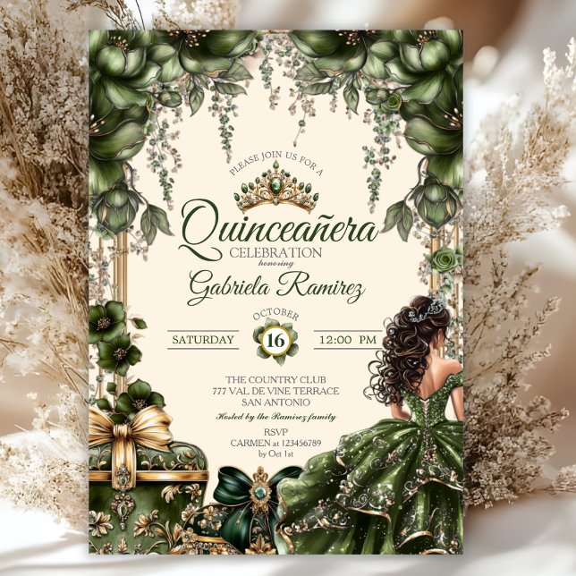 Invitation Cream and Green Golden Tiara Floral  Quinceañera (Créateur téléchargé)