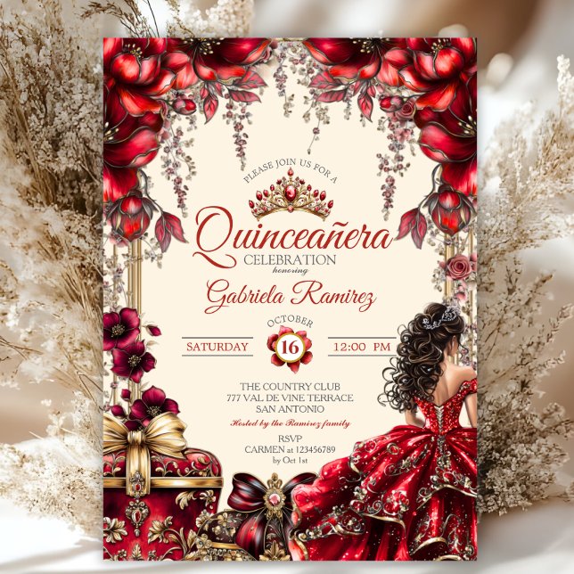 Invitation Cream and Red Golden Tiara Floral  Quinceañera (Créateur téléchargé)