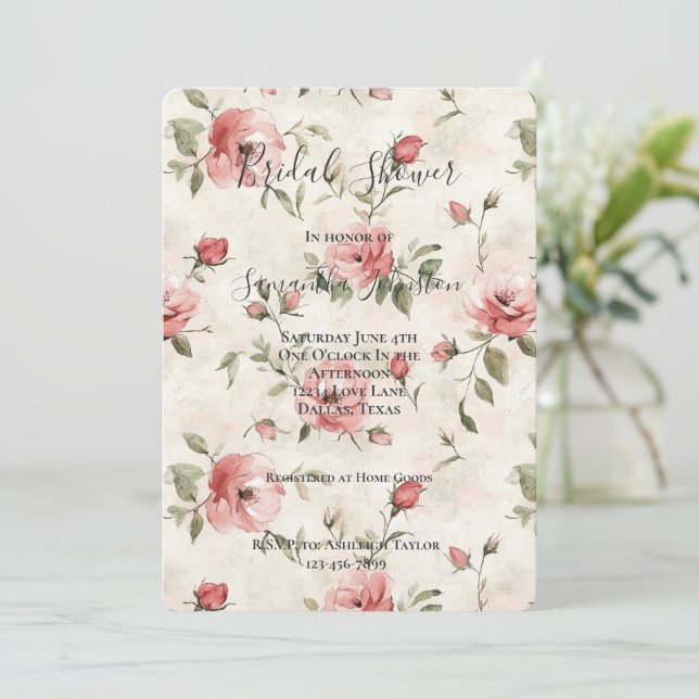 Invitation Cream Blush Pink Roses Floral Bridal Shower (Debout devant)