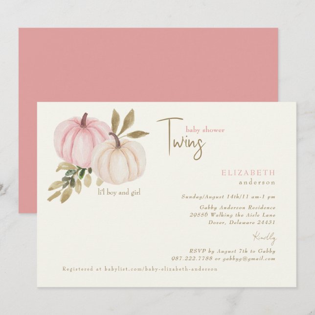 Invitation Cream & Blush Twins Little Pumpkins Baby Shower (Devant / Derrière)