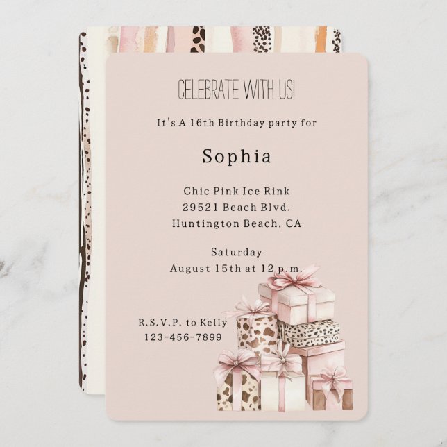 Invitation Cream Brown Blush Pink Leopard Gifts Birthday (Devant / Derrière)