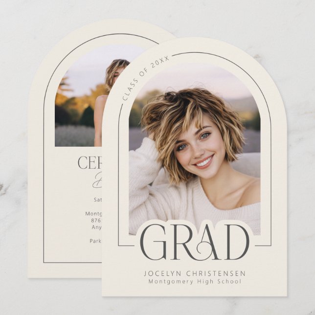 Invitation Cream Charcoal Modern Grad Photo Announcement (Devant / Derrière)