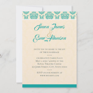 Invitation Cream et Mariage damassé Turquoise