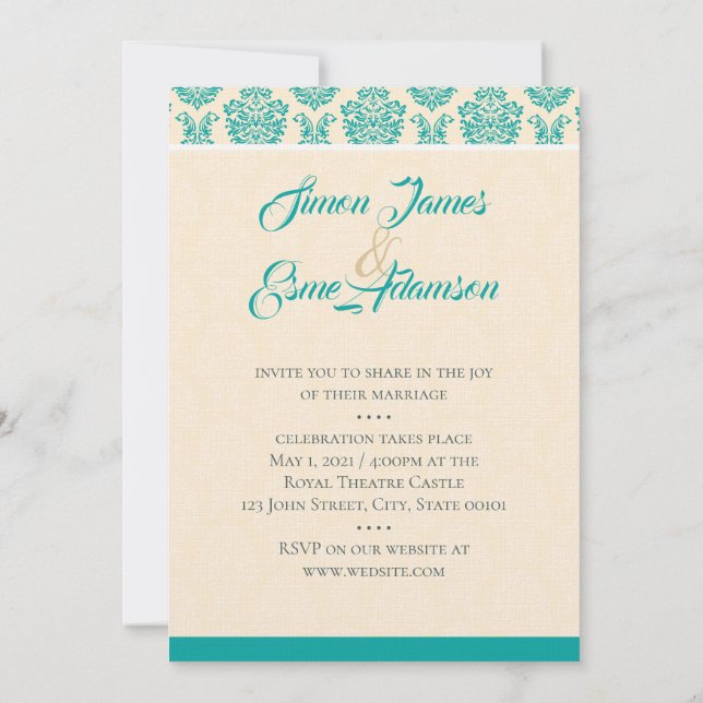 Invitation Cream et Mariage damassé Turquoise (Dos)