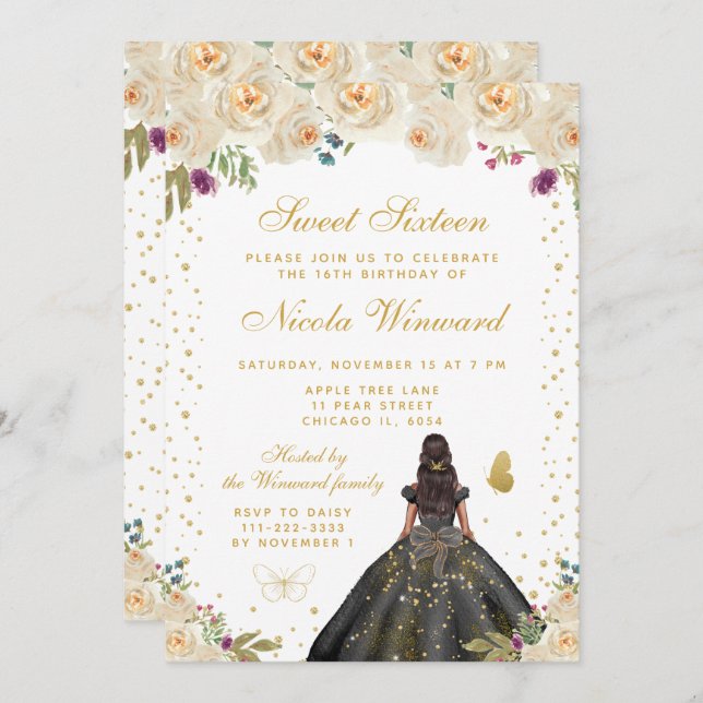 Invitation Cream Floral Dark Skin Princess Sweet Sixteen (Devant / Derrière)