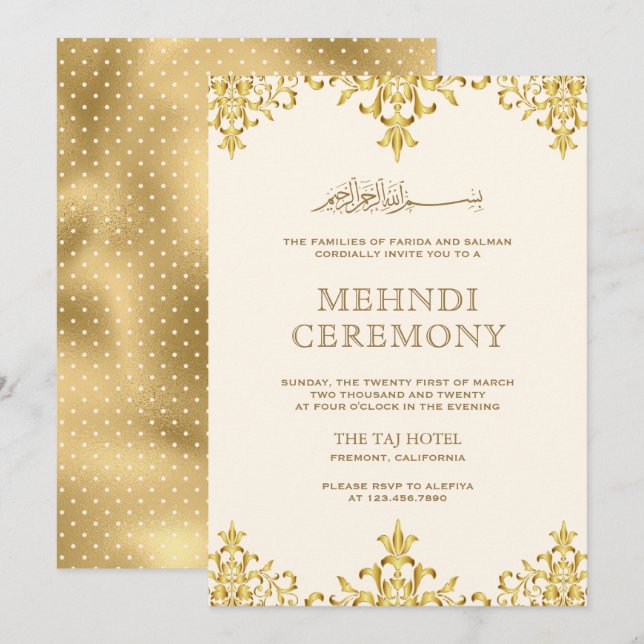 Invitation Cream Gold Foil Damask Mariage islamique Mehndi (Devant / Derrière)