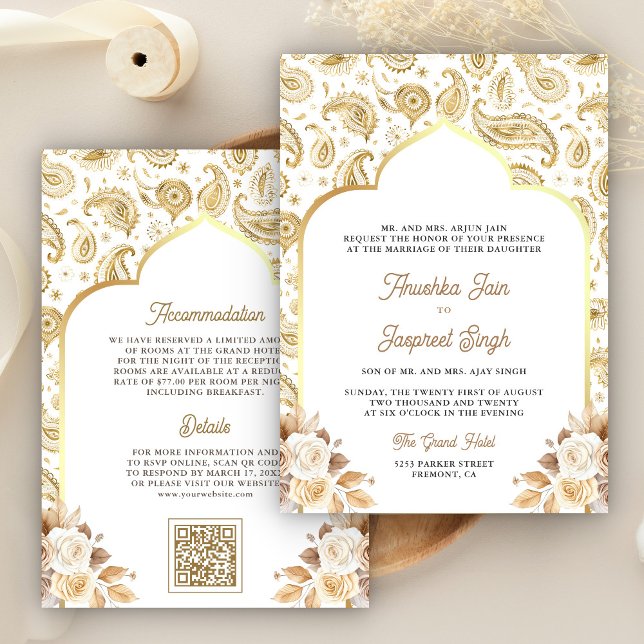 Invitation Cream Gold Paisley Floral QR Code Mariage indien (Créateur téléchargé)