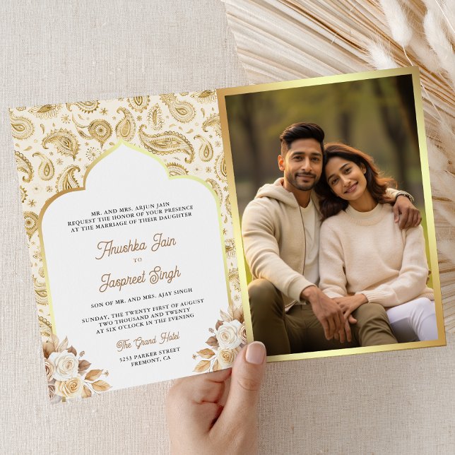 Invitation Cream Gold Paisley Floral QR Code Mariage indien (Inside)