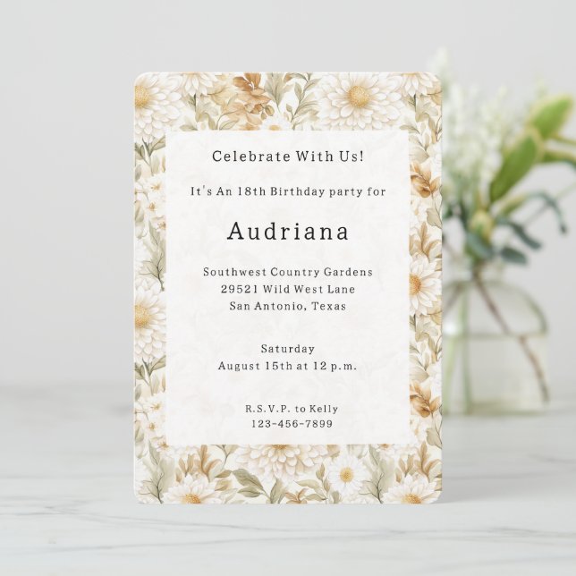 Invitation Cream Gold White Country Flowers (Debout devant)