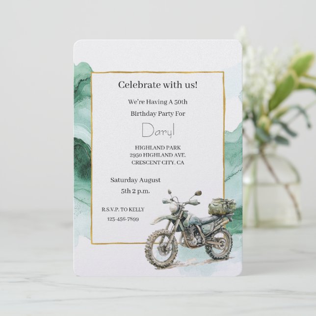 Invitation Cream Green Motorcycle Adventure Birthday (Debout devant)