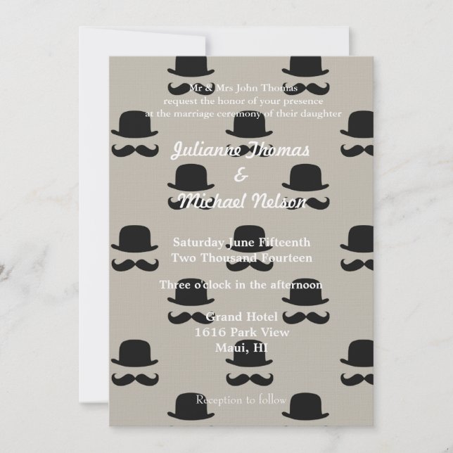 Invitation Cream Hipster Casquettes et Mustaches Mariage (Devant)