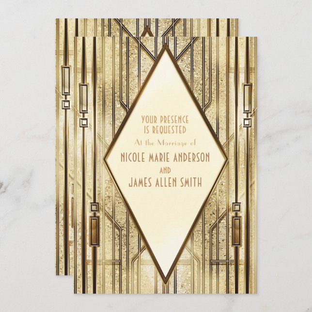 Invitation Cream Ivory Gold 20's Art Déco Gatsby Glam Mariage (Devant / Derrière)