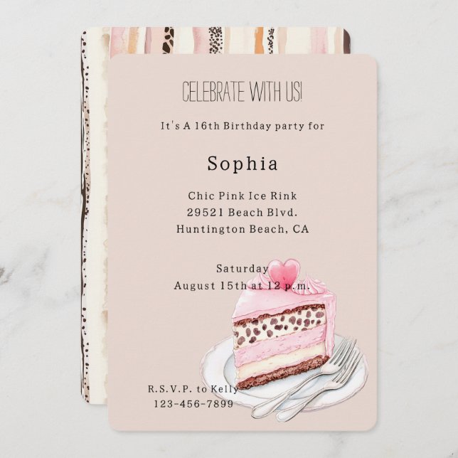 Invitation Cream Leopard Animal Pink Heart Cake Birthday (Devant / Derrière)